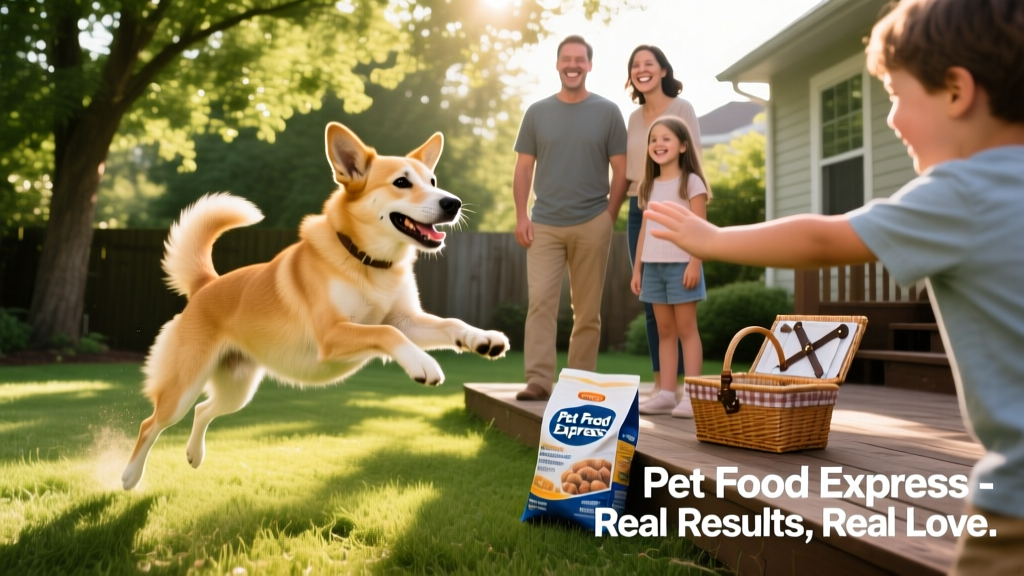 Happy adopted dog playing in a sunlit backyard with their new family