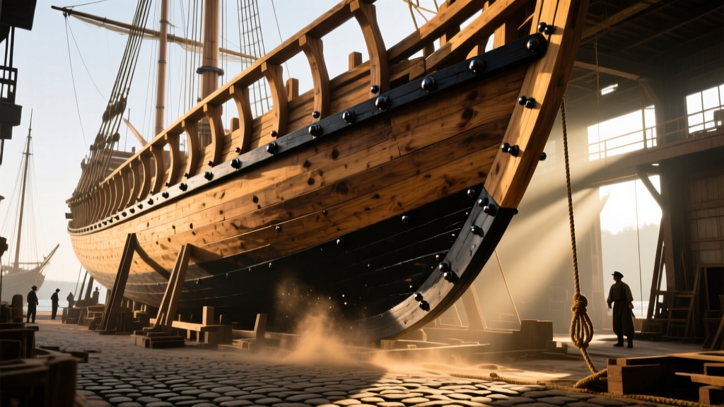 Massive ancient wooden ship hull under construction with thick cypress timber ribs and pitched seams in a sunlit shipyard