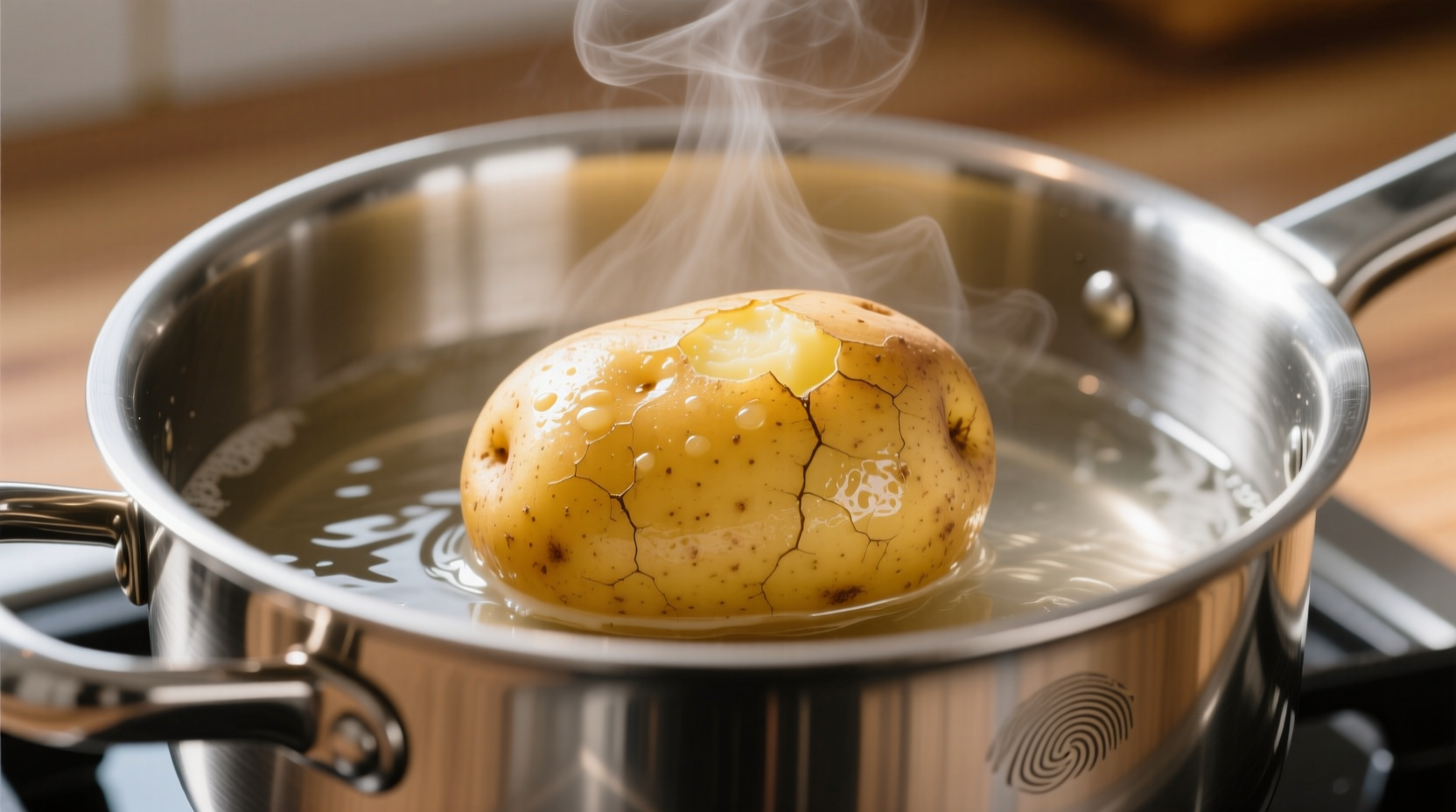 Perfectly boiled golden potatoes in stainless steel pot
