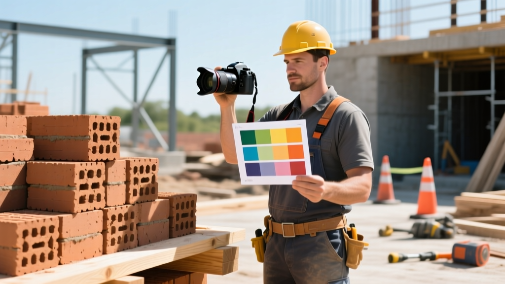 Contractor holding a color calibration chart and camera to photograph stacked clay bricks and timber on a bright, active construction site