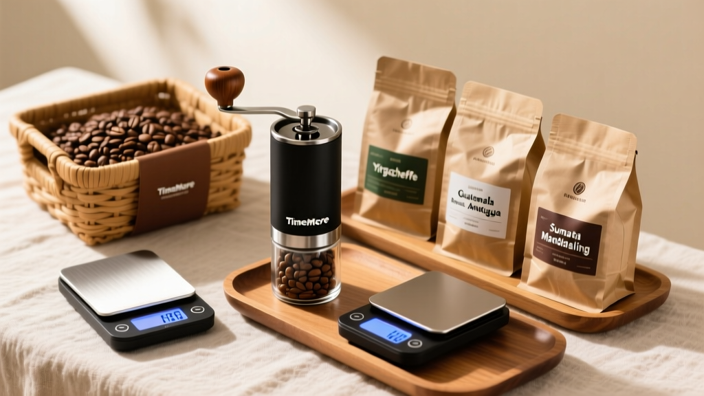 Flat lay of a curated coffee gift basket featuring a Timemore Chestnut C3 manual grinder, digital scale, and single-origin bean bags