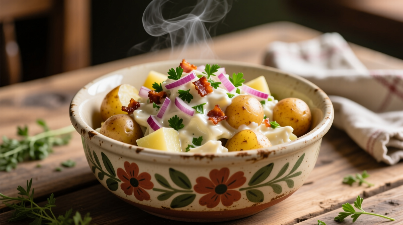 Warm German potato salad in a traditional ceramic bowl