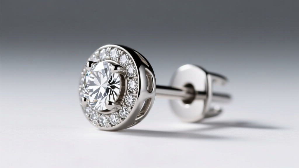 Side profile of an 18-gauge titanium bezel-set diamond stud earring showing the low-profile basket and secure friction back