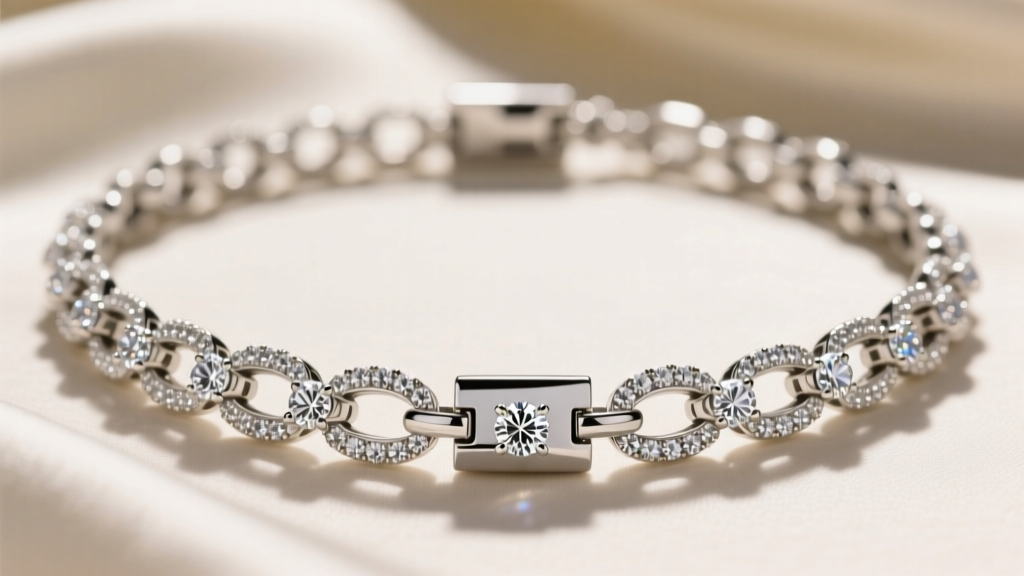 Macro photography of the intricate articulated platinum links and hidden box clasp of a million dollar diamond rivière necklace.