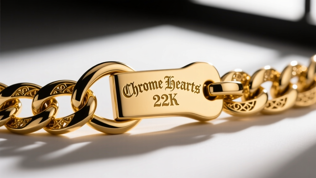 Close-up of Chrome Hearts 22k gold chain clasp showing the custom branded end tag and intricate hand-soldered link construction.