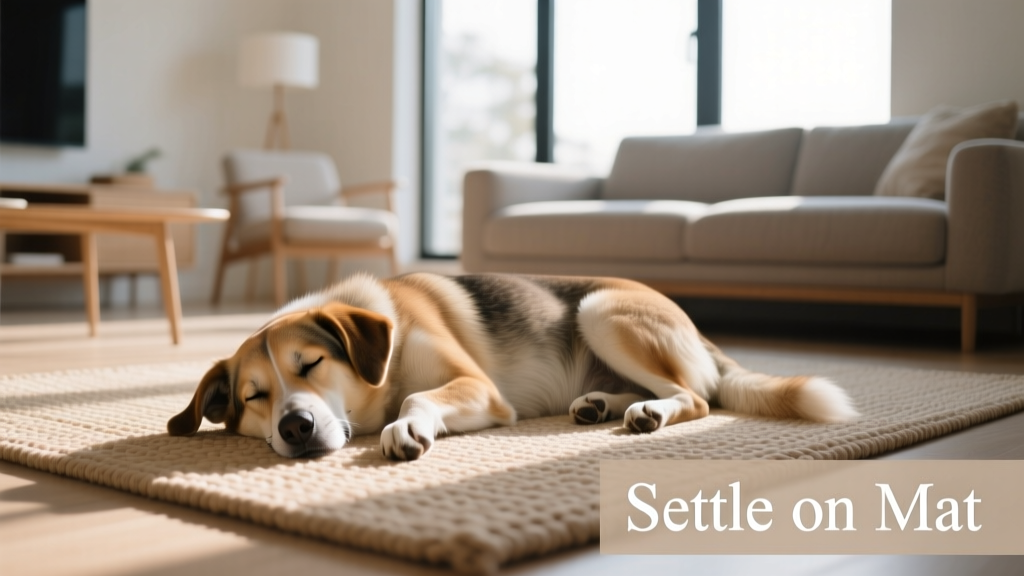 A calm dog lying comfortably on a soft, neutral-colored mat in a living room setting