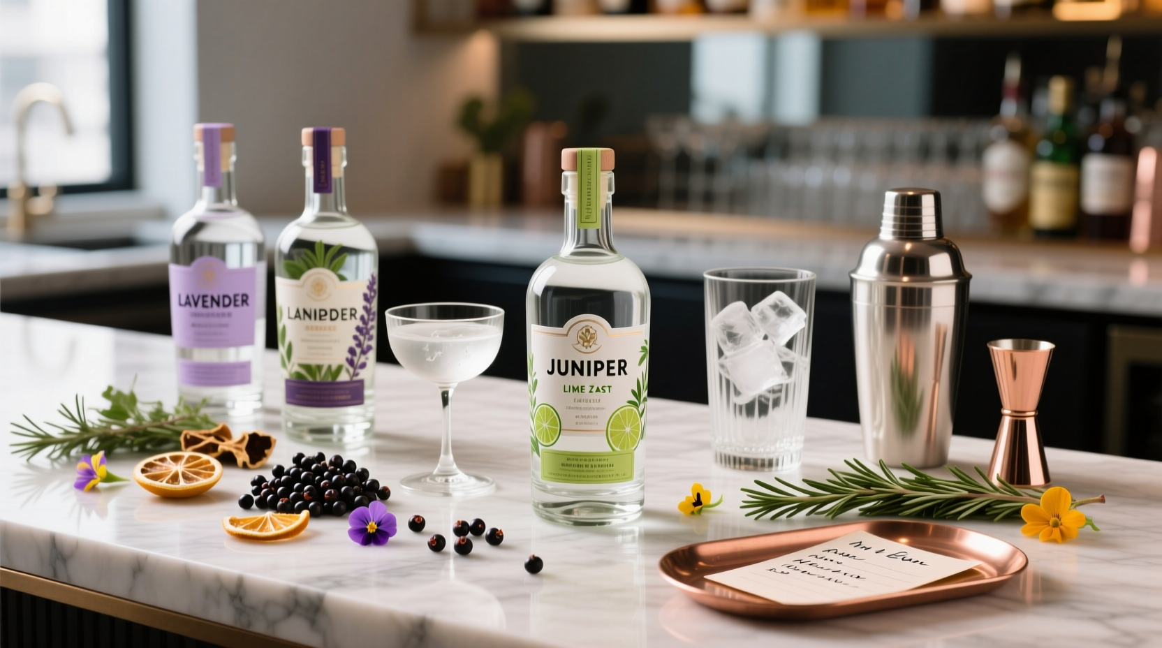 Professional gin tasting setup with botanicals and glassware