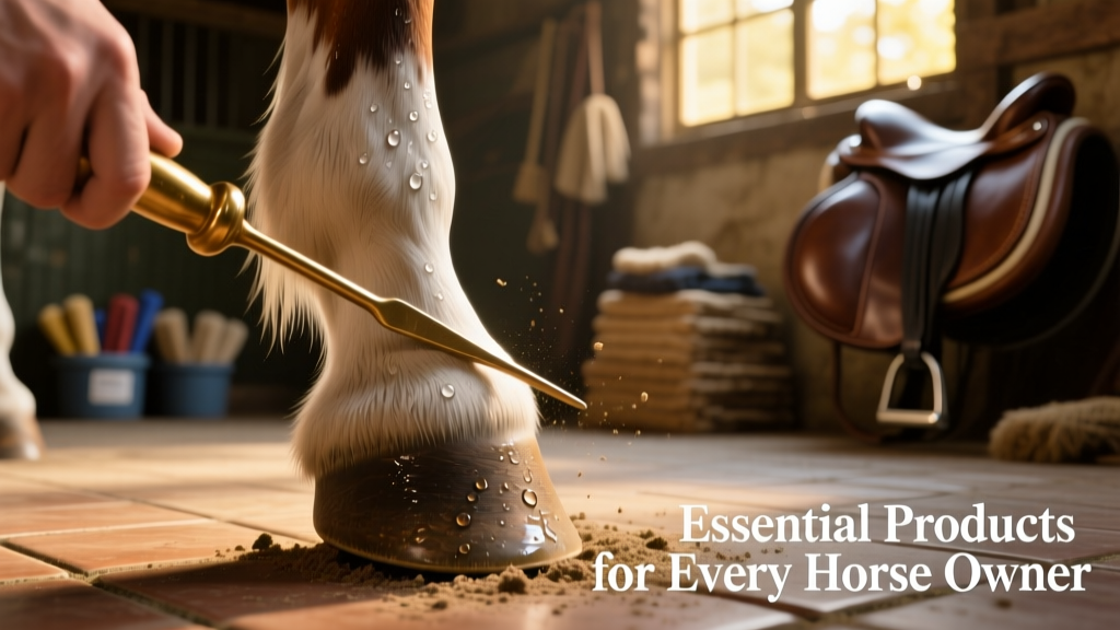 Close-up of a healthy horse hoof being cleaned with a hoof pick