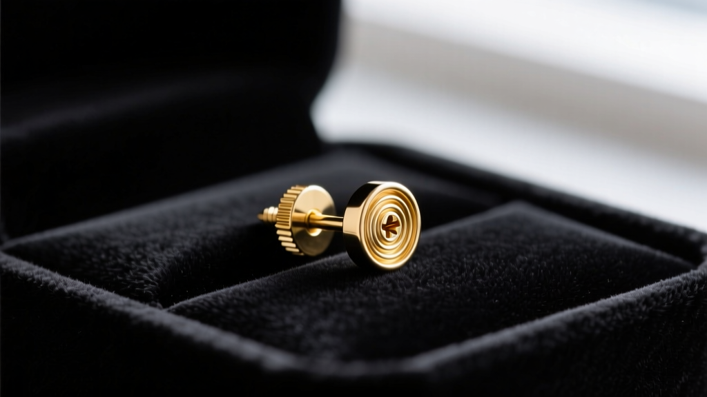 Macro photo of an 18-gauge 14k gold screw back earring post and threaded backing resting on a dark velvet jewelry cleaning tray.