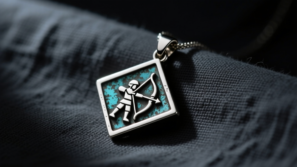 Oxidized silver pendant with an archer small soldier logo motif resting on dark charcoal linen fabric under moody studio lighting