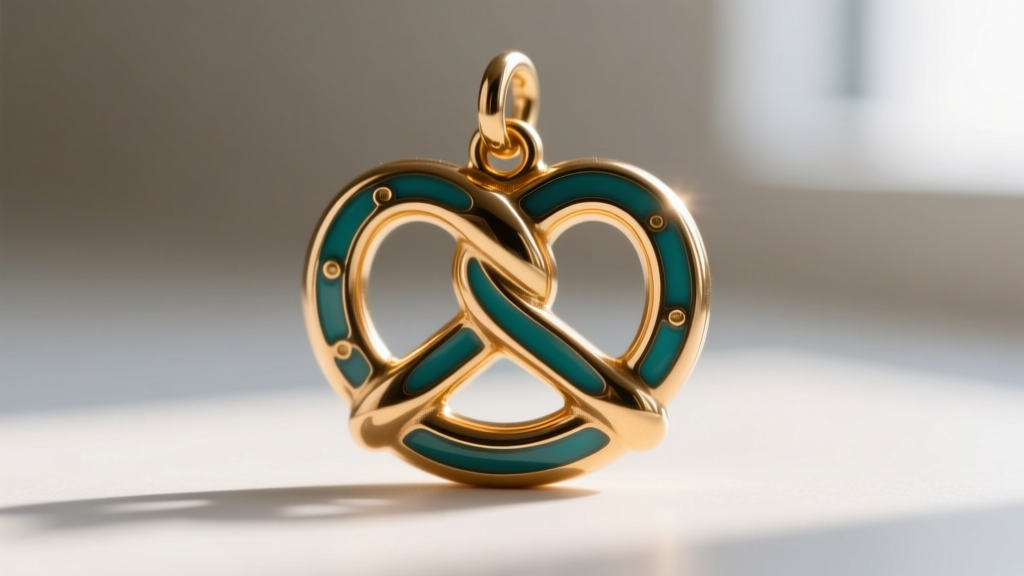 Macro shot of hard enamel detailing on a brass pretzel charm, showing the smooth glass finish and crisp metal separating lines
