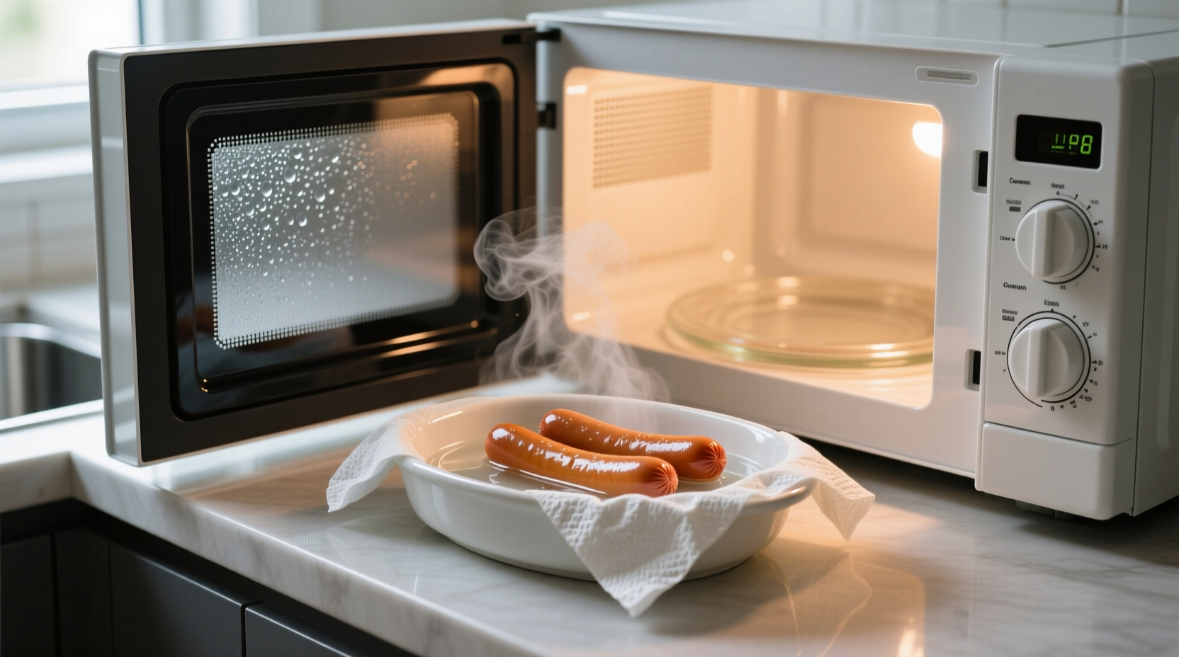Microwave hot dogs in dish with water and paper towel cover