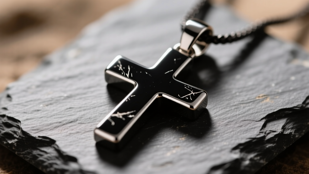 Macro shot of a black PVD coated stainless steel cross pendant resting on dark slate, showing edge wear and subtle scratches.