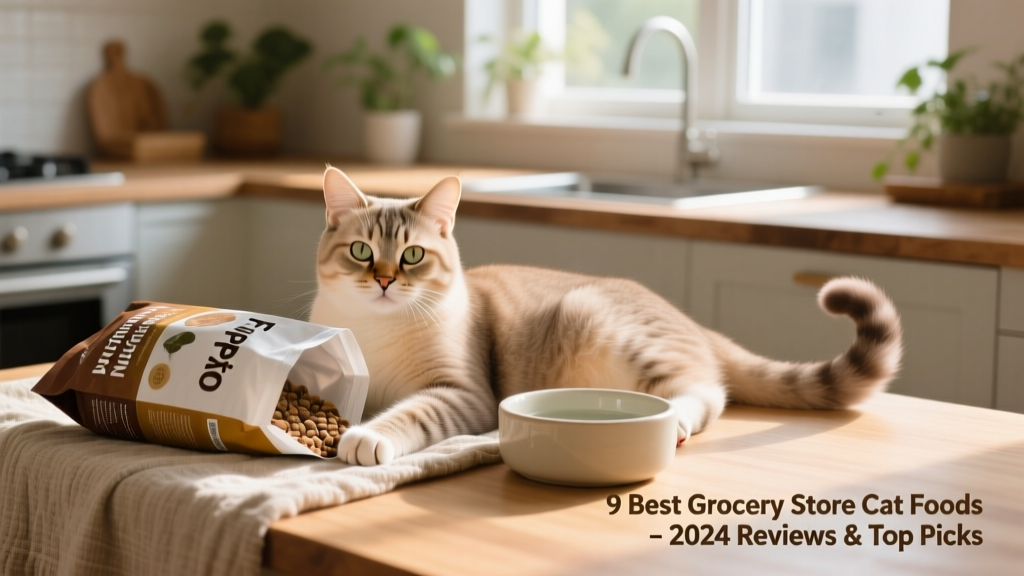 A happy, relaxed cat lounging beside an open bag of FurPetVo NutriBlend dry food and a clean water bowl, bathed in natural light