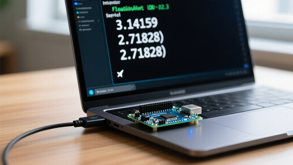 Close-up of an Arduino Uno R4 Minima connected to a laptop displaying floating-point serial monitor data in IDE 2.3