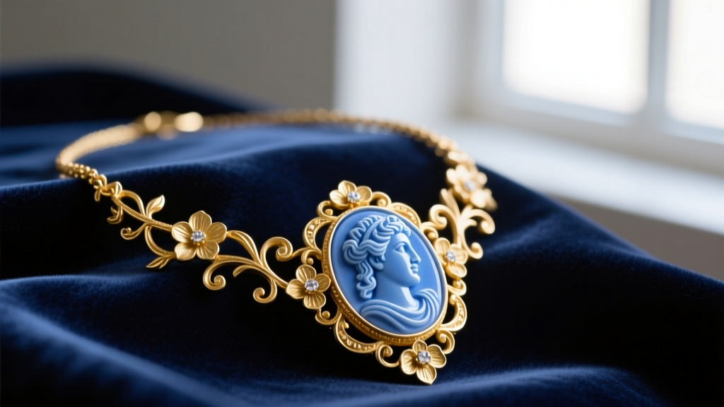 Antique Wedgwood blue jasperware cameo necklace in an ornate 14k gold floral bezel, resting on dark navy velvet fabric.