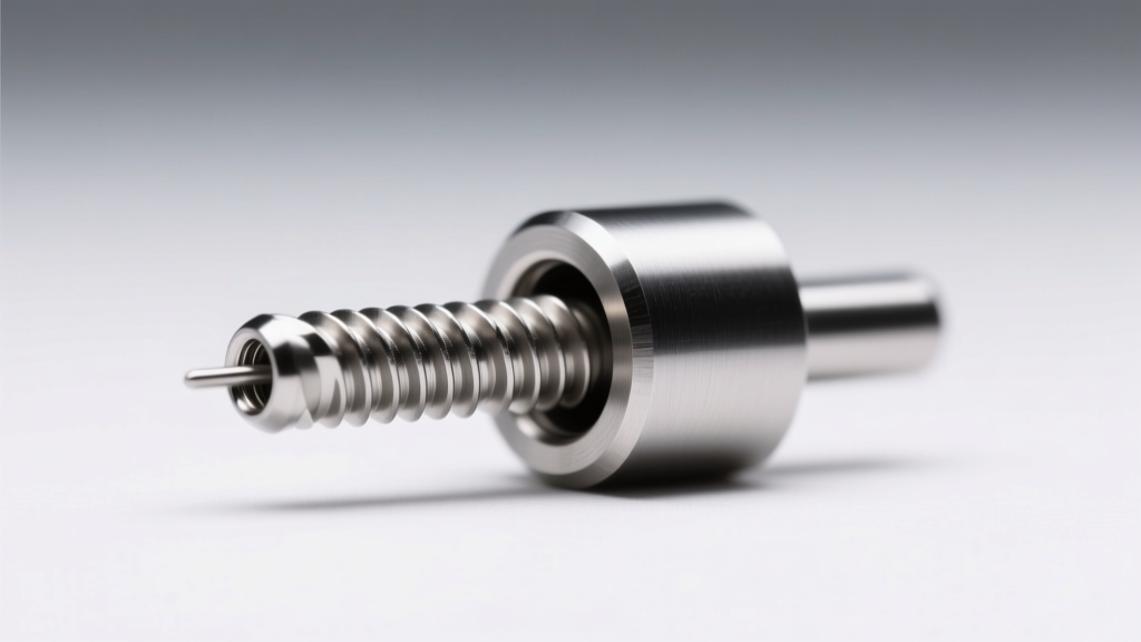 Macro shot of a 14-gauge internally threaded titanium labret post showing the precise screw threads inside the hollow metal shaft.