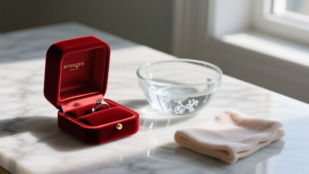 Open velvet ring box on marble beside a glass bowl of hydrogen peroxide and a polishing cloth in soft morning light