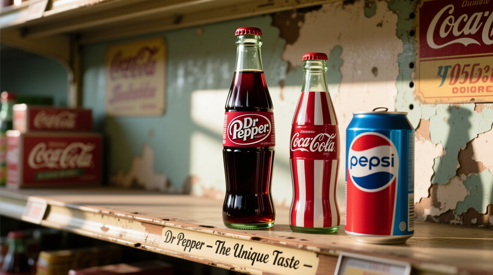 Dr Pepper bottle next to Coca-Cola and Pepsi products