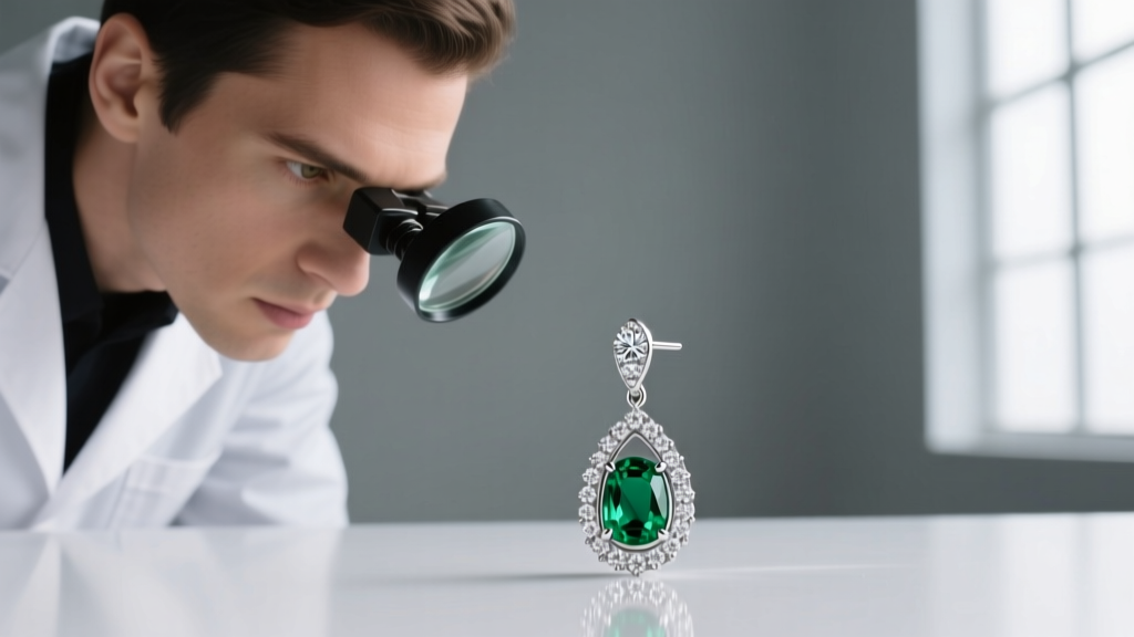 Jeweler using 10x loupe to inspect melee diamond pave setting on a platinum emerald drop earring against a neutral gray background