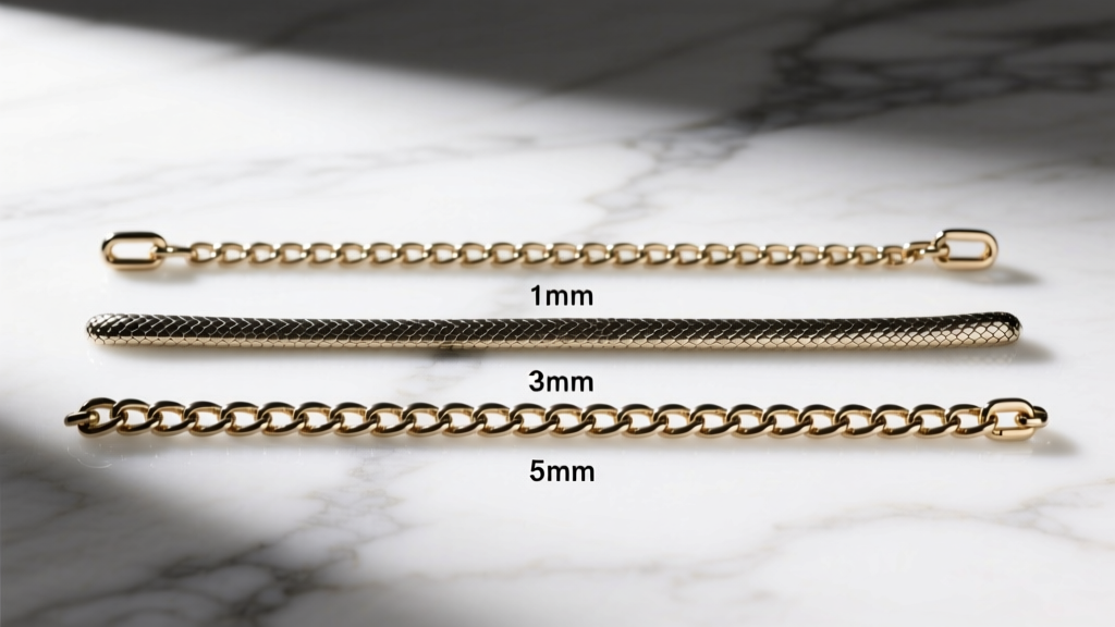 Three snake chains of varying thicknesses, 1mm, 3mm, and 5mm, laid parallel on white marble to demonstrate gauge differences clearly.