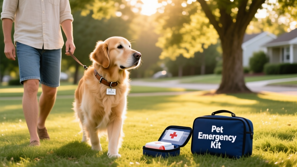 A dog owner calmly observing their dog outdoors, with a portable first aid kit nearby