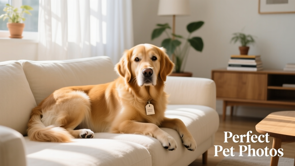 Close-up of a relaxed dog resting on a sunlit sofa, looking content and approachable