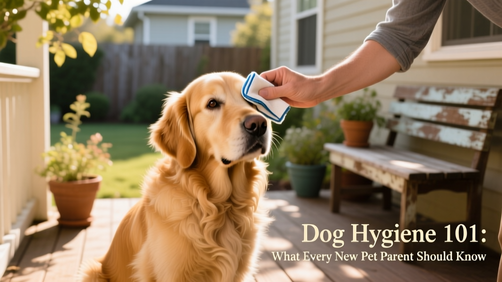 A golden retriever calmly allowing a pet parent to gently wipe around its eyes with a damp cloth