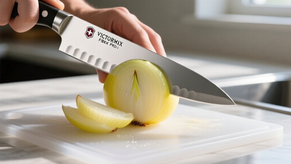 Victorinox Fibrox Pro 8-inch knife cleanly dicing a yellow onion on a polyethylene cutting board showing the stamped blade edge