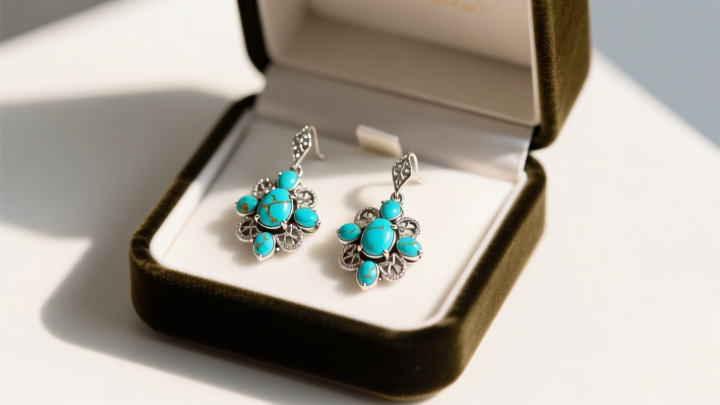 Open velvet gift box revealing sterling silver turquoise cluster drop earrings under soft warm lighting, macro photography style.
