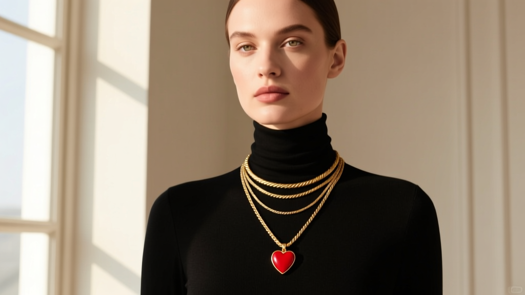 Model wearing a layered gold necklace stack with a 1.2mm rope chain and a red heart necklace gold pendant over a black turtleneck
