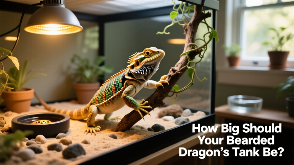 Young bearded dragon exploring a spacious, well-furnished terrarium with basking spot and climbing branch