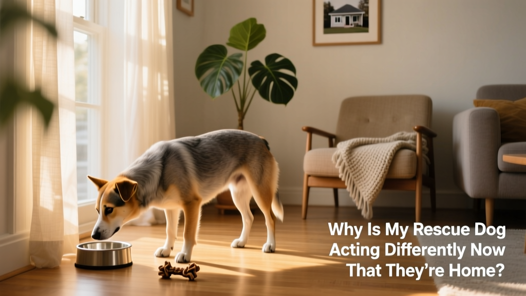 A calm, curious rescue dog gently sniffing a quiet corner of a sunlit living room