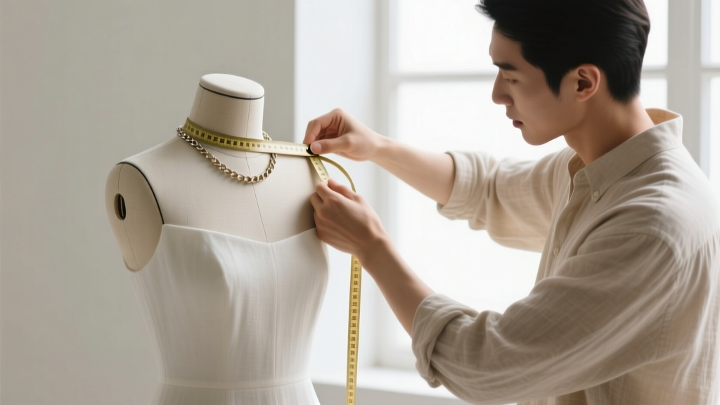 Jeweler using a flexible tape measure to find the collarbone circumference on a linen dress form for precise custom chain sizing.