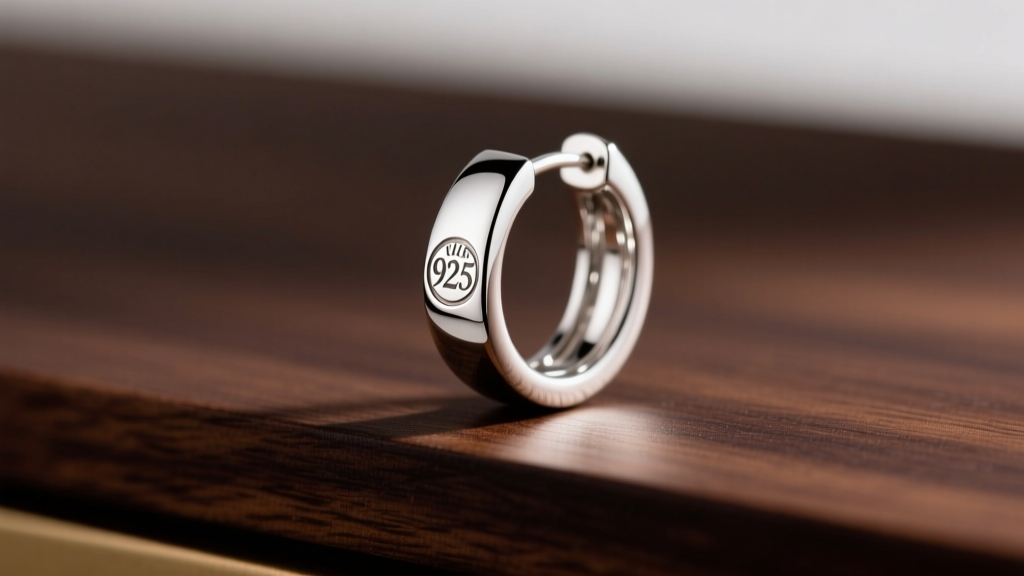 Detailed macro shot of a 925 sterling silver hallmark on a hoop earring clasp, lit by bright studio light on a dark wood desk.