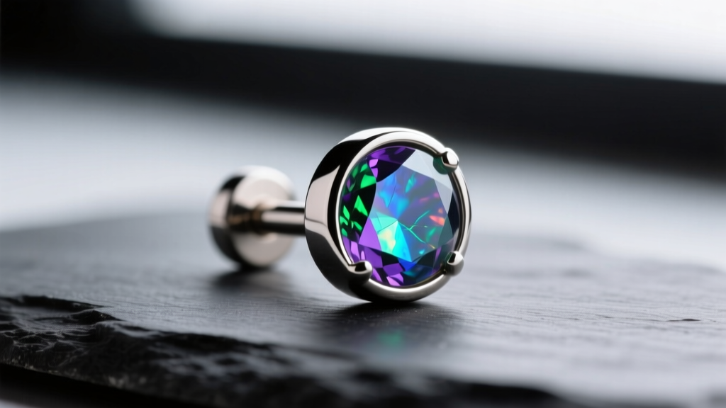 Macro shot of a 20-gauge implant-grade titanium flat-back labret nose stud with a bezel-set opal resting on dark slate