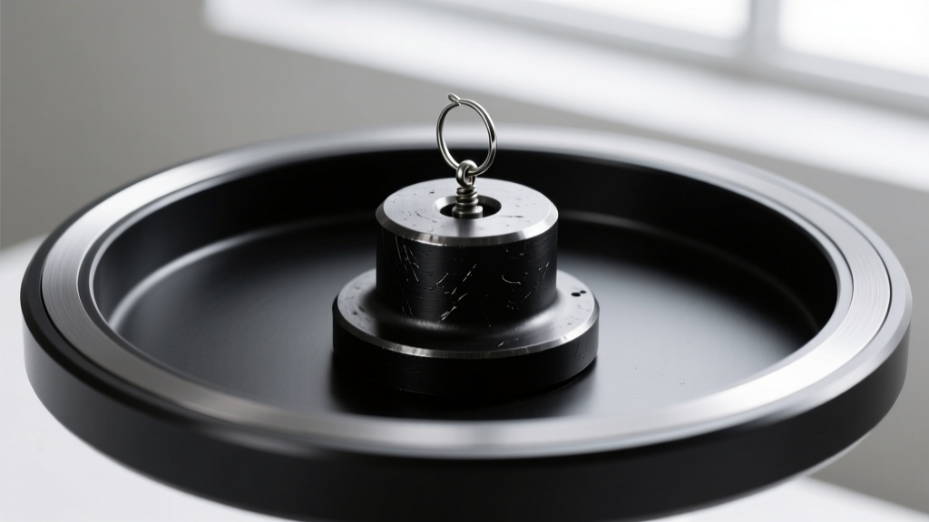 Close-up of a matte black metal spinning earring carousel base, showing the weighted iron core and a small anti-tarnish strip.