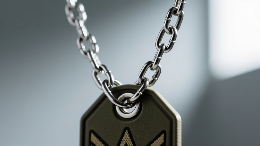 Close-up of a 2.4mm steel ball chain connecting to an army tag, focusing on the small connector clasp and metallic luster.
