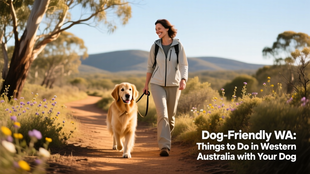 A dog and pet parent hiking along a sun-dappled trail through native bushland in Western Australia