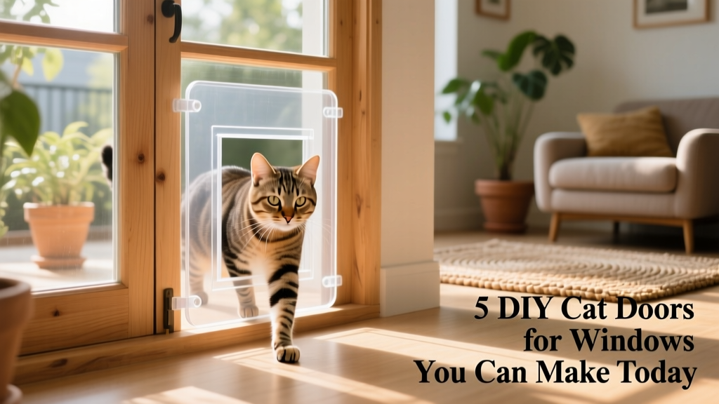 A sleek, transparent acrylic cat door installed in a double-hung window, with a cat calmly passing through