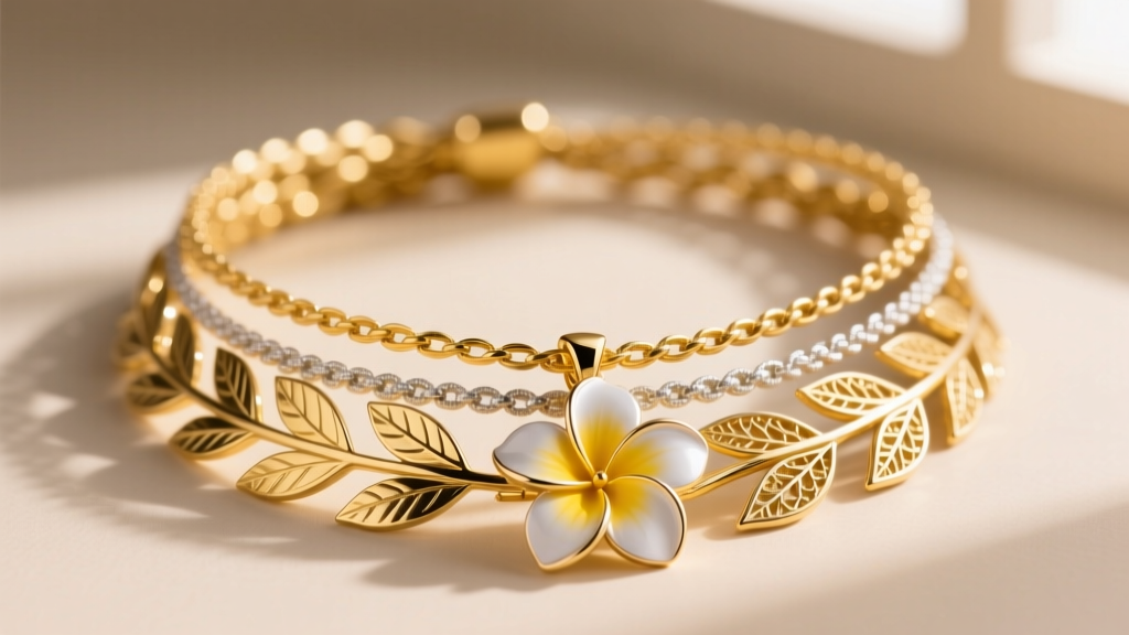 Layered necklace stack featuring a 16-inch maile leaf lariat and an 18-inch plumeria pendant in mixed 14k yellow and white gold