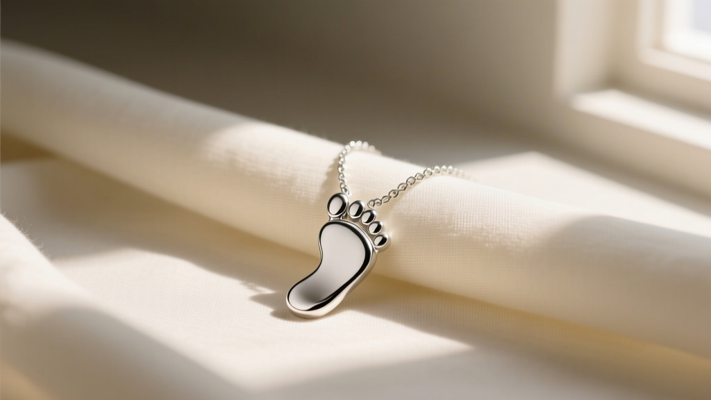 Polished sterling silver footprint necklace resting on soft cream linen fabric, illuminated by warm natural window light.
