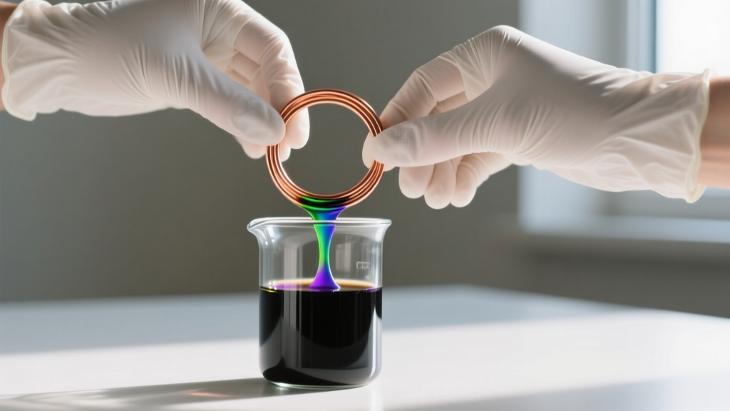 Hands wearing nitrile gloves dipping a coiled copper wire hoop into a dark liver of sulfur solution inside a small glass beaker.