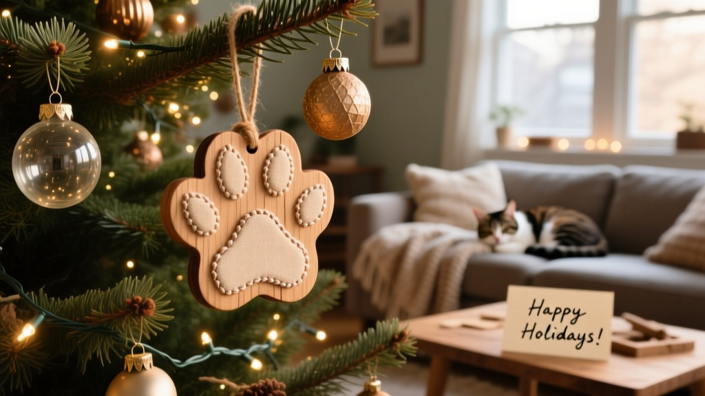 Handmade paw print ornament hanging on a decorated holiday tree