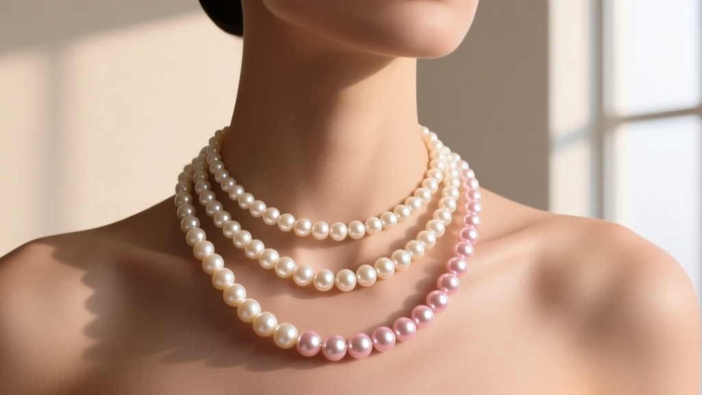 Jewelry bust showing a 14-inch pearl choker layered with a 20-inch matinee pearl strand, highlighting the two-inch length gap