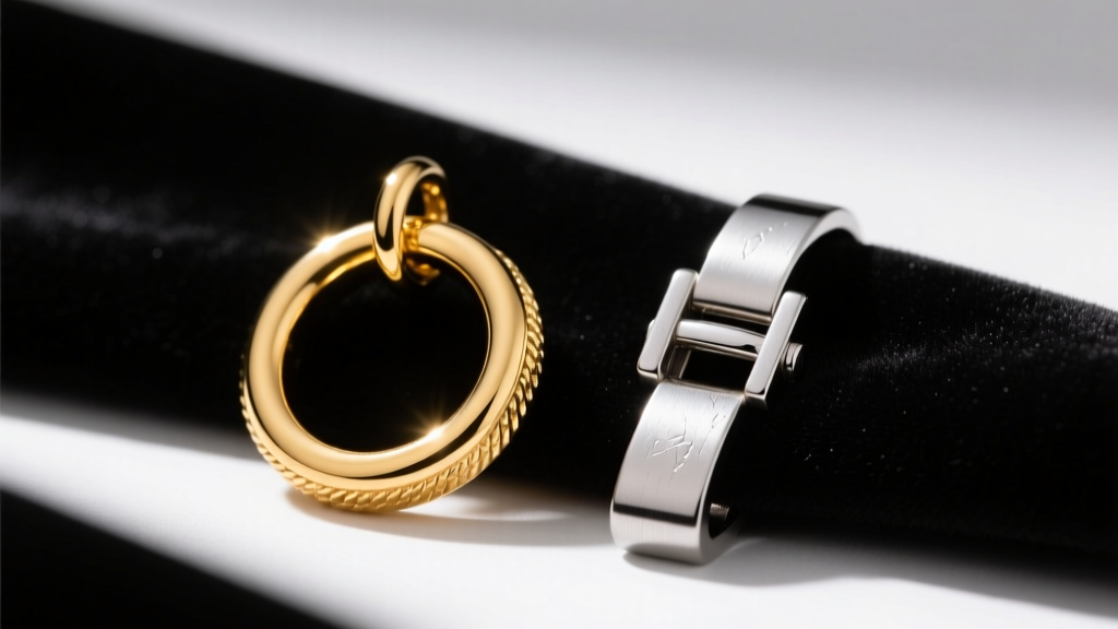 Macro shot of jewelry jump rings, highlighting a 14k gold ring next to a steel clasp on dark velvet, bright studio lighting.
