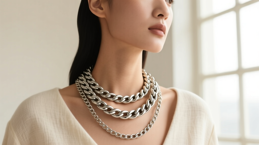 Model wearing a layered 40-gram chunky silver rope chain and thinner figaro chain against a neutral linen background in soft light