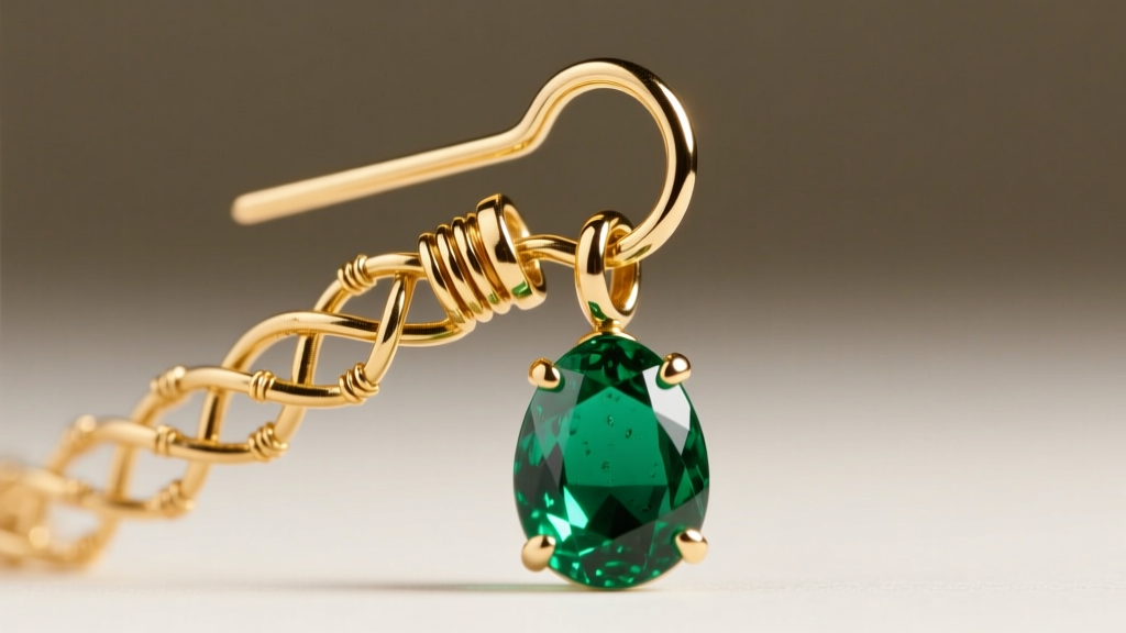Macro view of 20-gauge gold ear wire and soldered jump ring on an emerald drop, highlighting structural jewelry mechanics