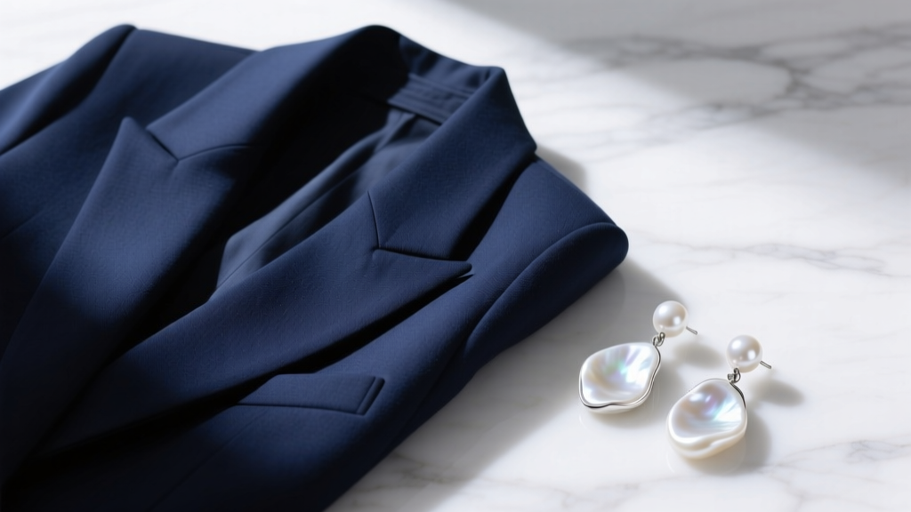 Flat lay of a tailored navy blazer next to a pair of baroque freshwater real pearl drop earrings on a white marble surface