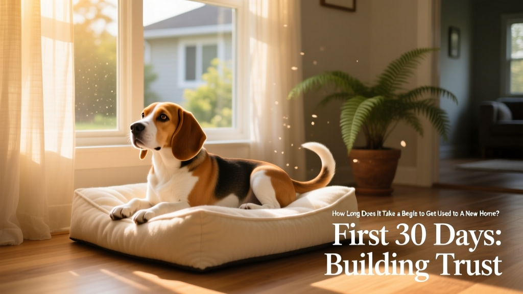 A relaxed beagle resting on a soft dog bed beside a window, sunlight streaming in